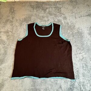 Russell Kemp Woman Brown Blue Trim Sleeveless Sweater Shell Top 1X 3060